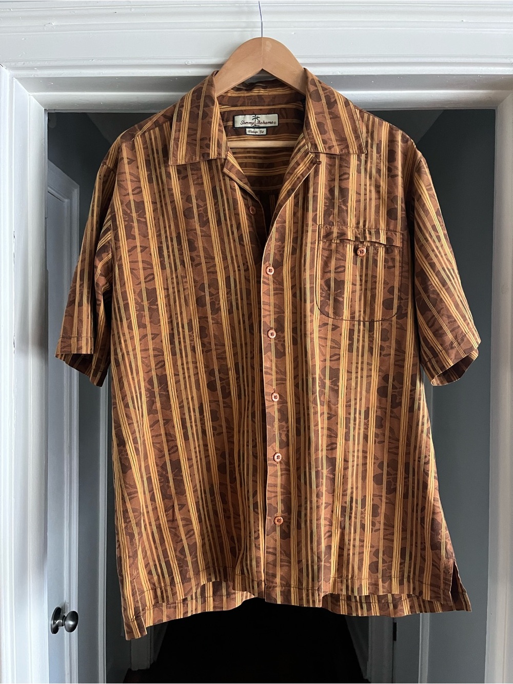 Tommy Bahama Silk Island Print Brown and Tan Striped Short-Sleeve Button-Down